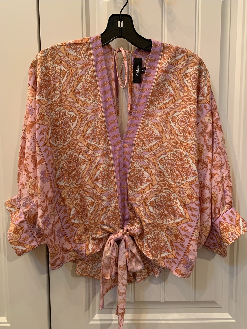 Vici Aakaa Boho Pink & Tan Paisley Tie-Front V-Neck Blouse with Purple Trim